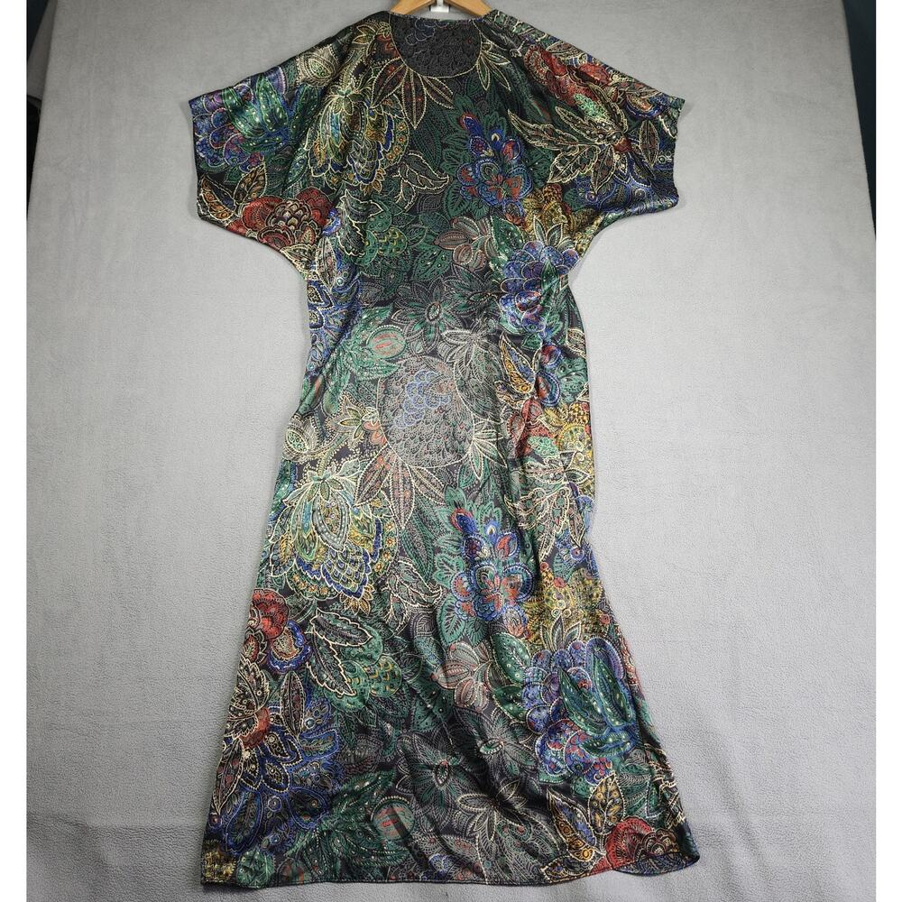 Vintage VIRGO II Wrap Dress Womens 14 Floral Print Metallic Sheen Midi Artsy USA - Picture 10 of 16